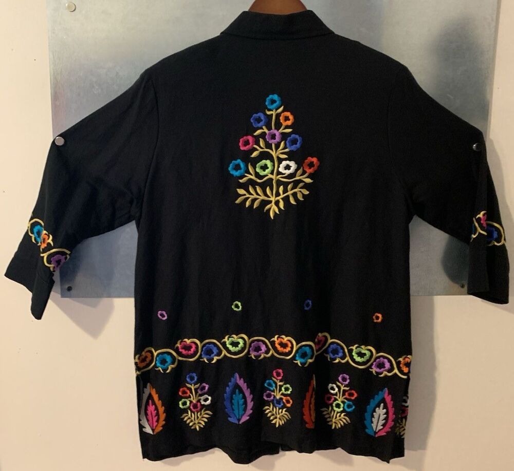 Linea by Louis Dell’Olio Linen Blend Floral Embroidered Jacket/Tunic Black L